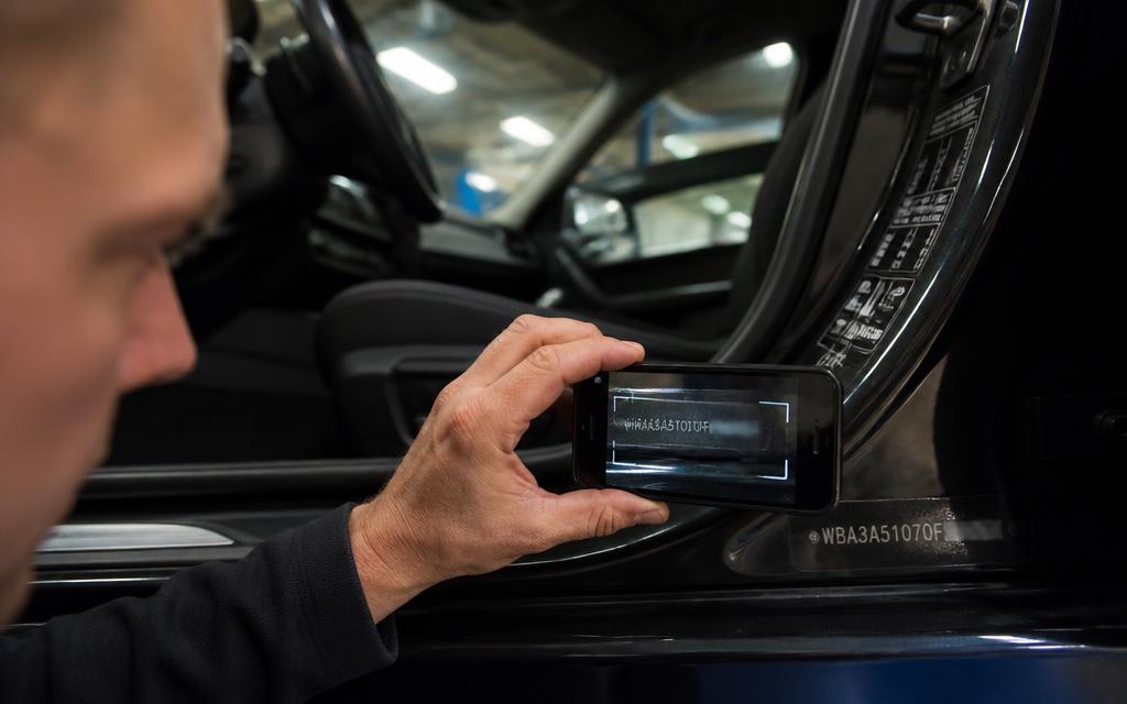 Gutachter scannt mit dem Smartphone die eingeprägte Fahrgestellnummer am Türeinstieg