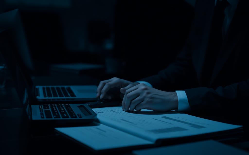 Hände erstellen Rechnungen mit Taschenrechner und Laptop am Schreibtisch