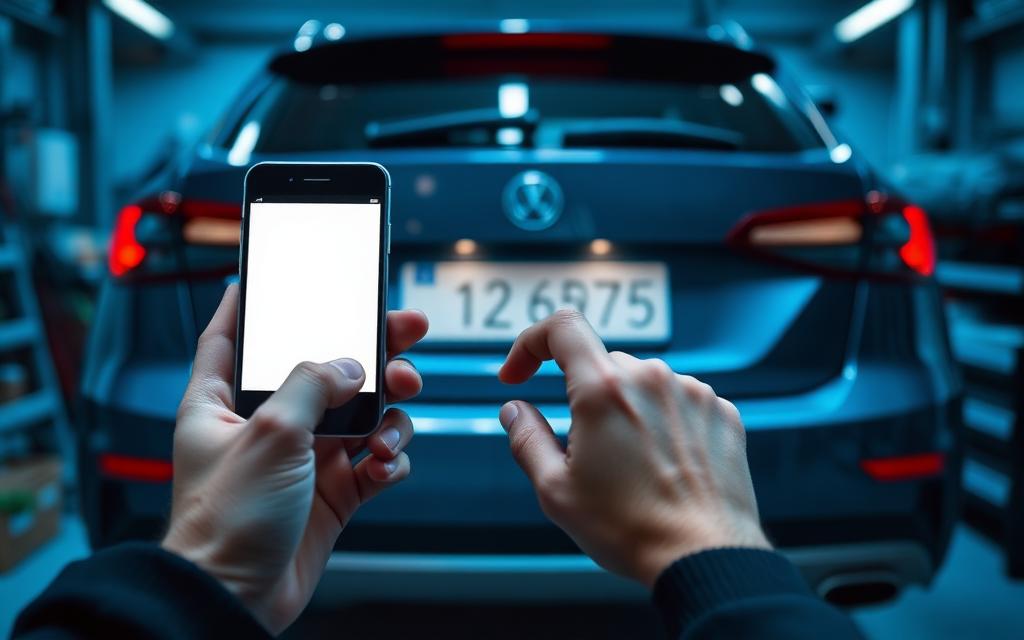 Smartphone scannt das Kennzeichen eines Fahrzeugs in einer Werkstatt