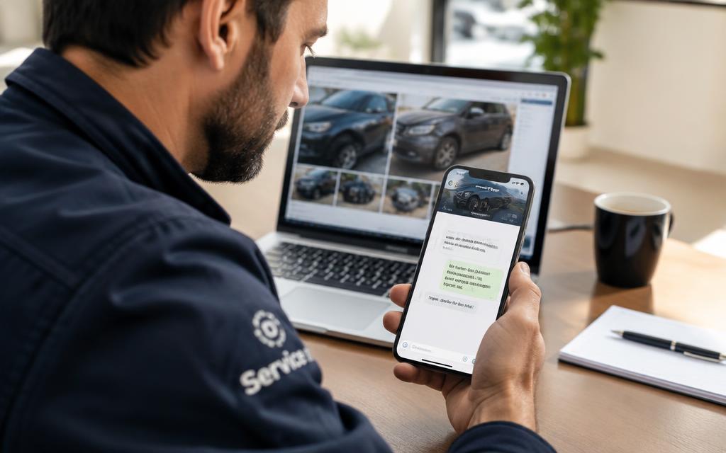 Servicemitarbeiter schreibt am Smartphone eine Nachricht, im Hintergrund Schadenfotos am Laptop